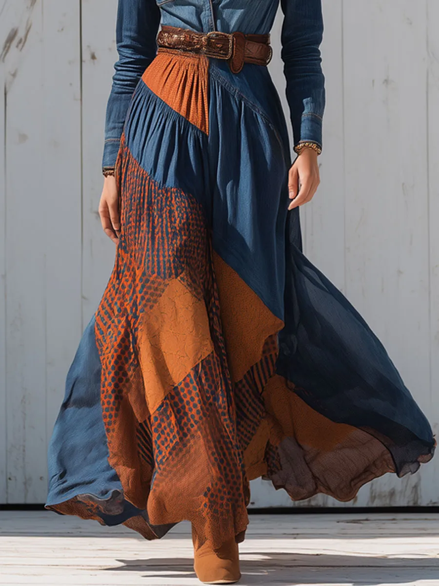 Western Retro Plaid And Dark Blue Denim Long-sleeved Shirt Maxi Dress sold by Oyrosy product image thumbnail 3