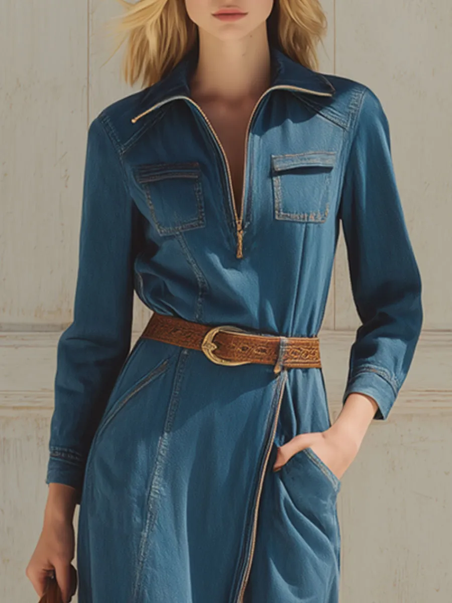 Western Retro Half Zipper Blue Denim Long Sleeve Slit Maxi Dress sold by Oyrosy product image thumbnail 3