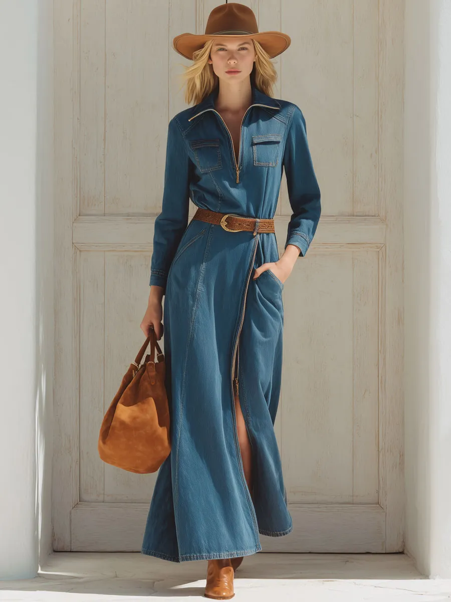 Western Retro Half Zipper Blue Denim Long Sleeve Slit Maxi Dress sold by Oyrosy product image thumbnail 2