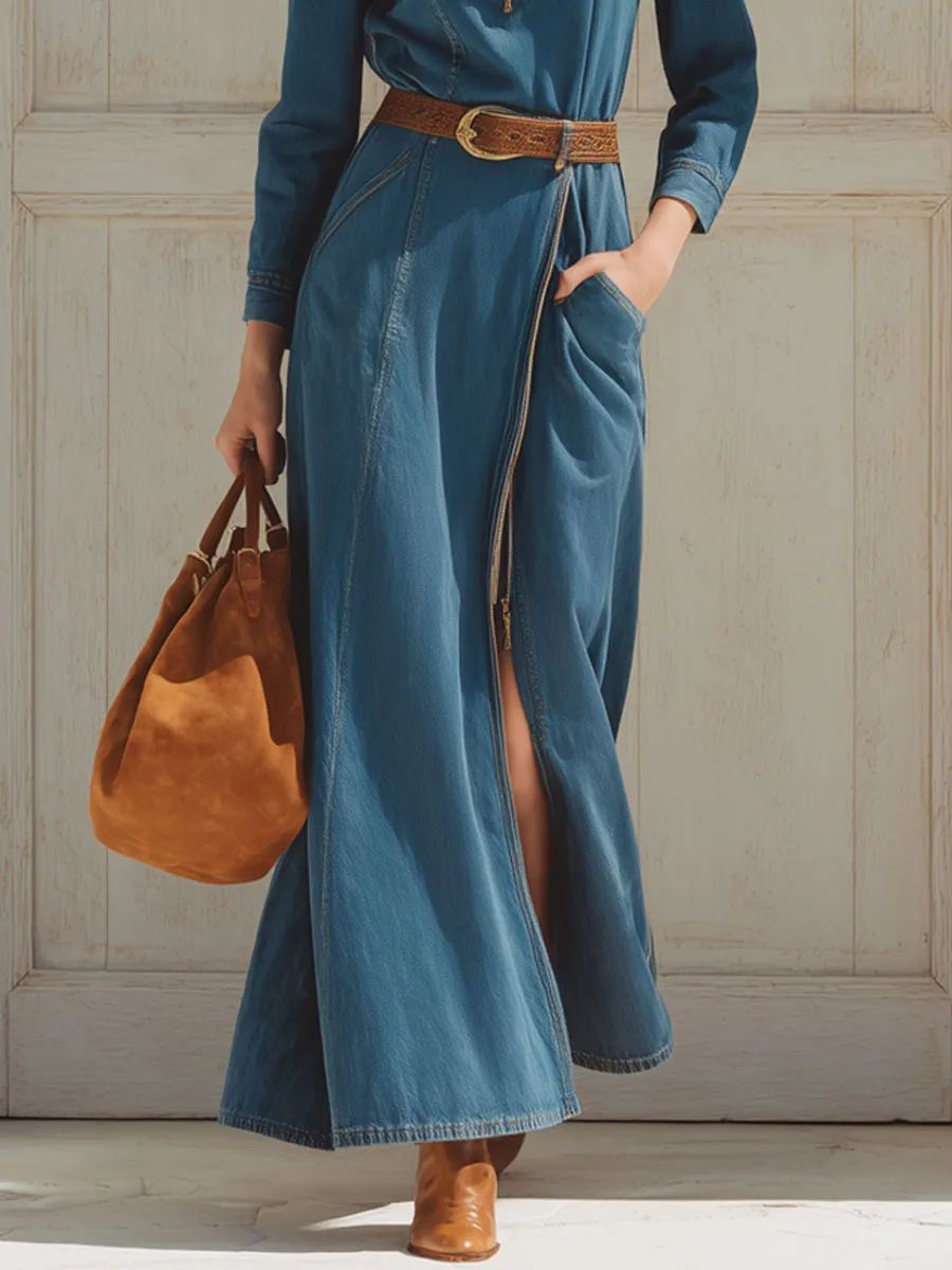 Western Retro Half Zipper Blue Denim Long Sleeve Slit Maxi Dress sold by Oyrosy product image thumbnail 4