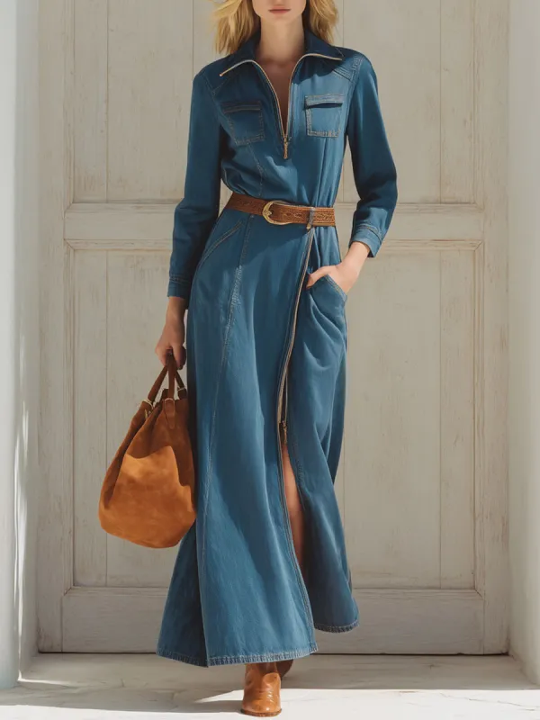 Western Retro Half Zipper Blue Denim Long Sleeve Slit Maxi Dress sold by Oyrosy