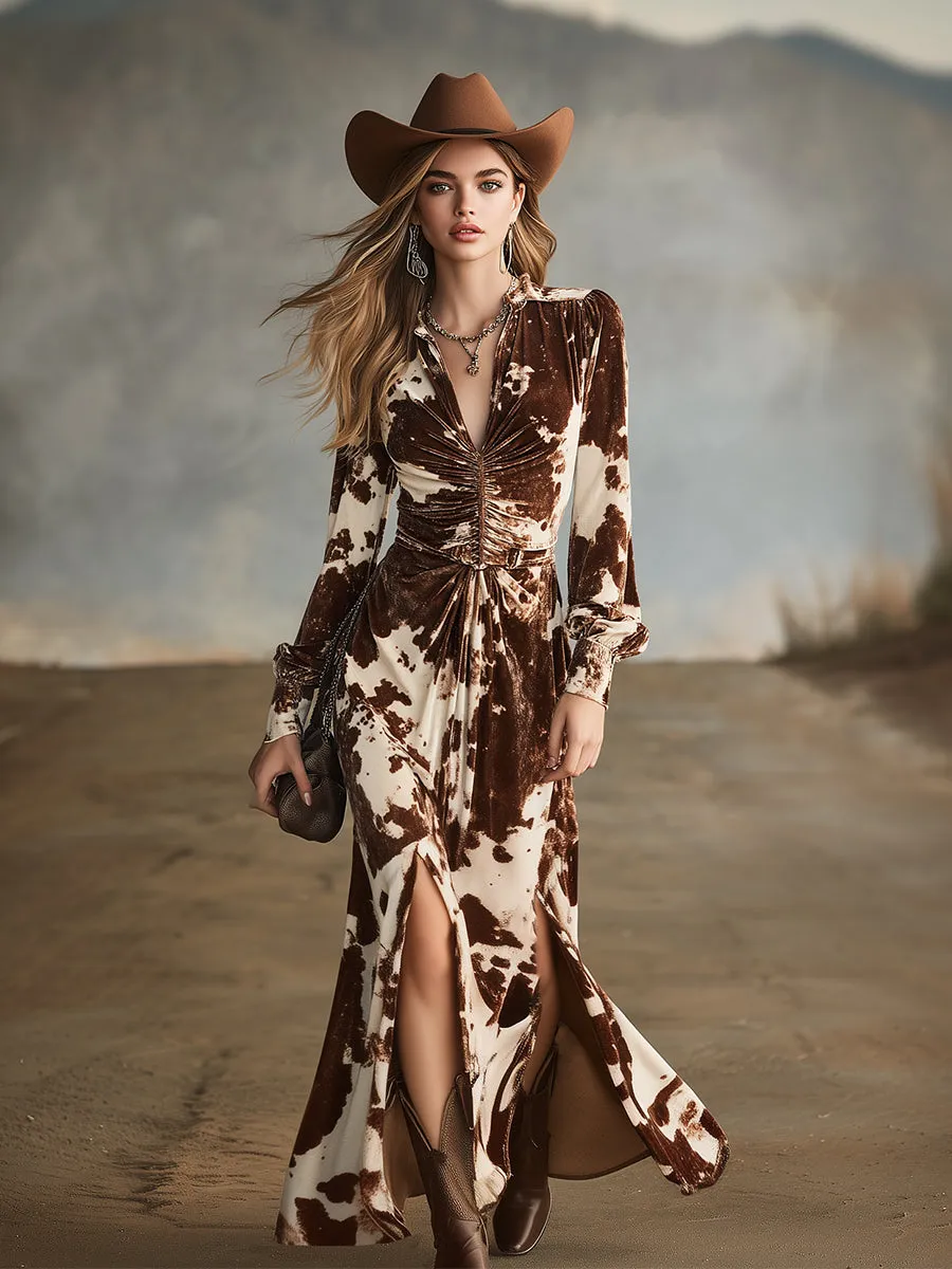 Retro Western V-neck Brown Cow Print Velvet Maxi Dress sold by Oyrosy product image thumbnail 2