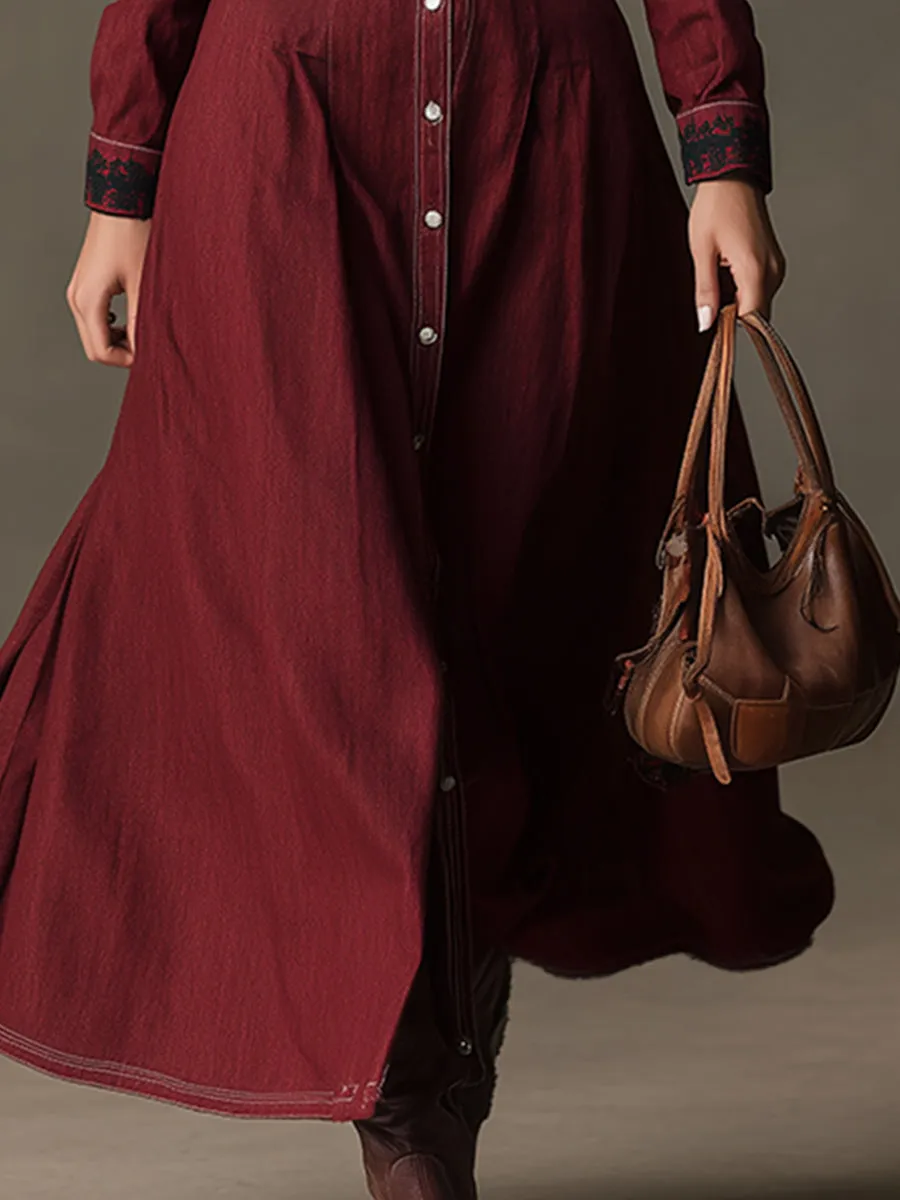 Retro Western Lapel Dark Red Lace Trim Maxi Dress sold by Oyrosy product image thumbnail 4