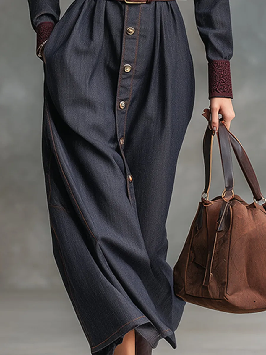 Retro Elegant Dark Blue Faux Denim Lapel Lace Trim Neckline Maxi Dress sold by Oyrosy product image thumbnail 4