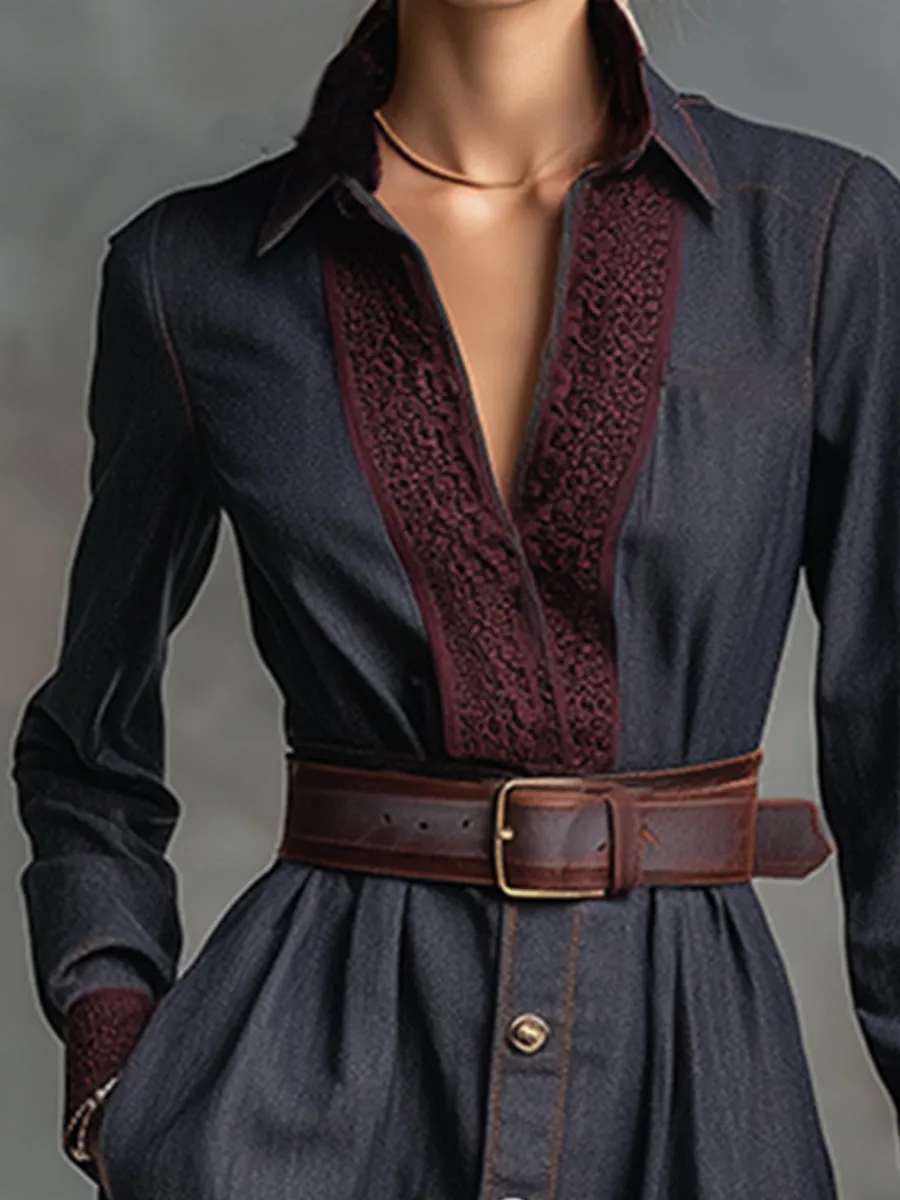 Retro Elegant Dark Blue Faux Denim Lapel Lace Trim Neckline Maxi Dress sold by Oyrosy product image thumbnail 3