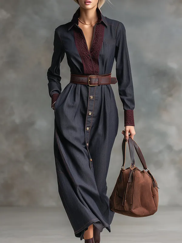 Retro Elegant Dark Blue Faux Denim Lapel Lace Trim Neckline Maxi Dress sold by Oyrosy