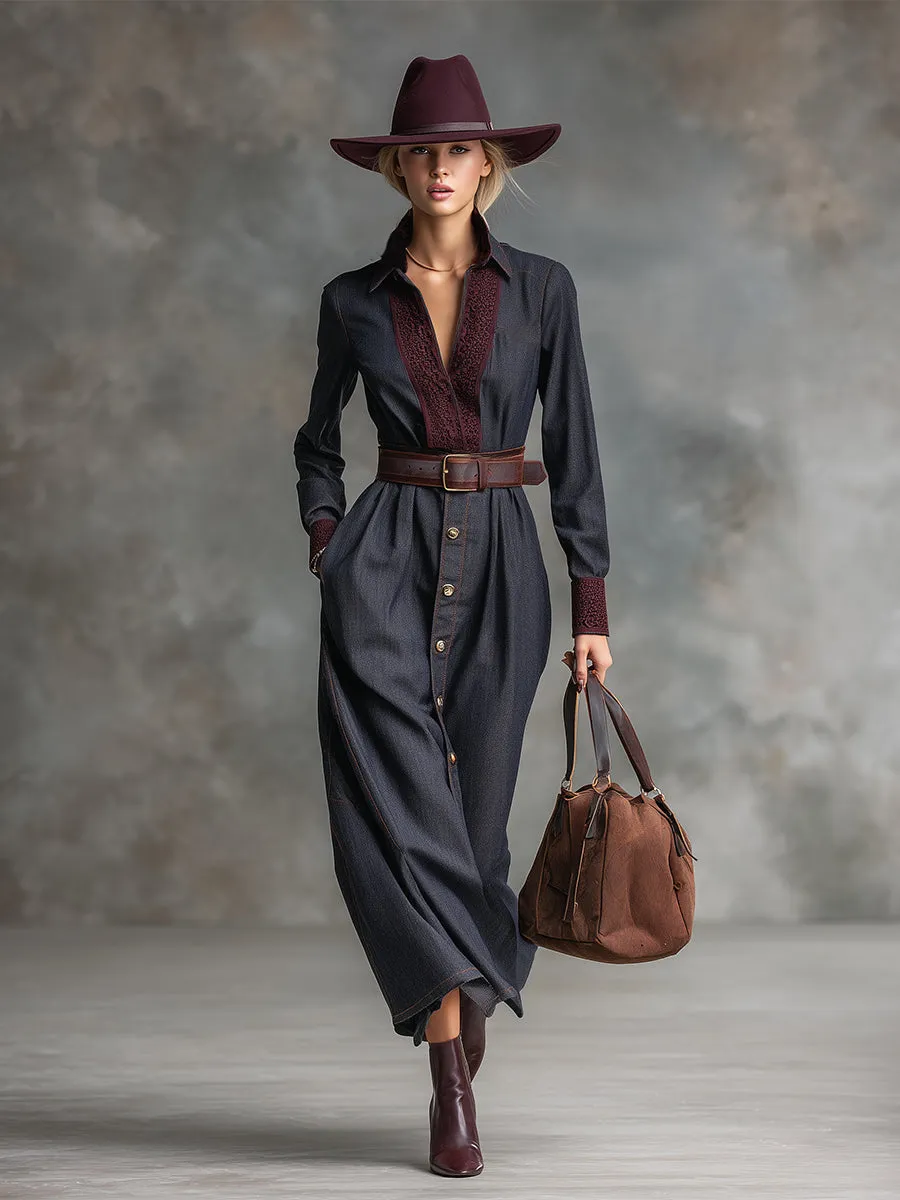 Retro Elegant Dark Blue Faux Denim Lapel Lace Trim Neckline Maxi Dress sold by Oyrosy product image thumbnail 2