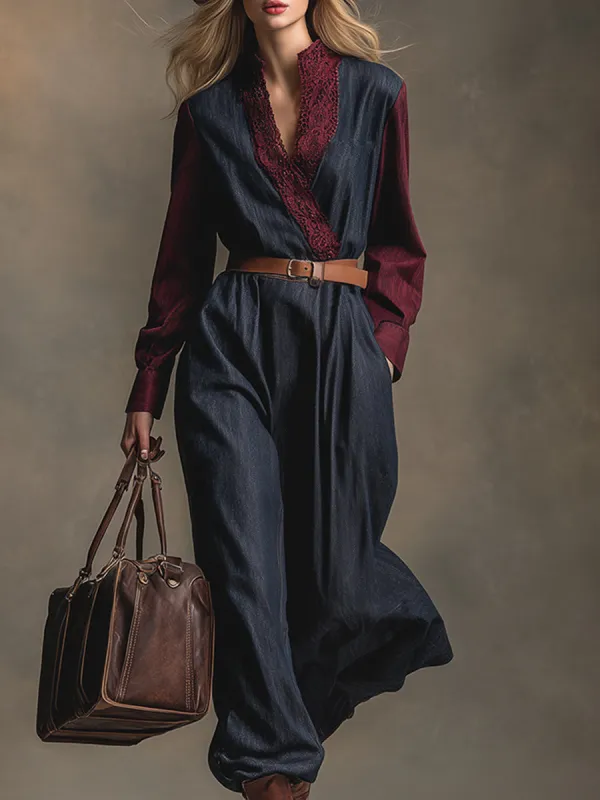 Vintage Western Blue Faux Denim Burgundy Long Sleeve Lace Neck Maxi Dress sold by Oyrosy