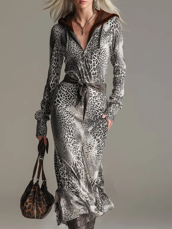 Fashionable Sports Gray Animal Print Hooded Sweatshirt Maxi Dress sold by Oyrosy