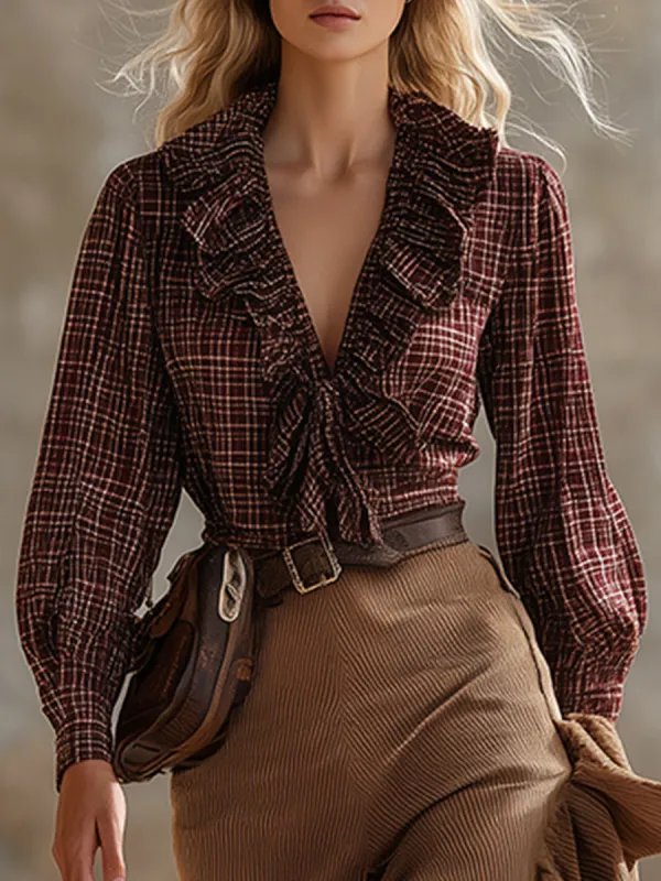 Romantic Retro Western Burgundy Plaid Ruffled V-Neck Long-Sleeved Blouse sold by Oyrosy