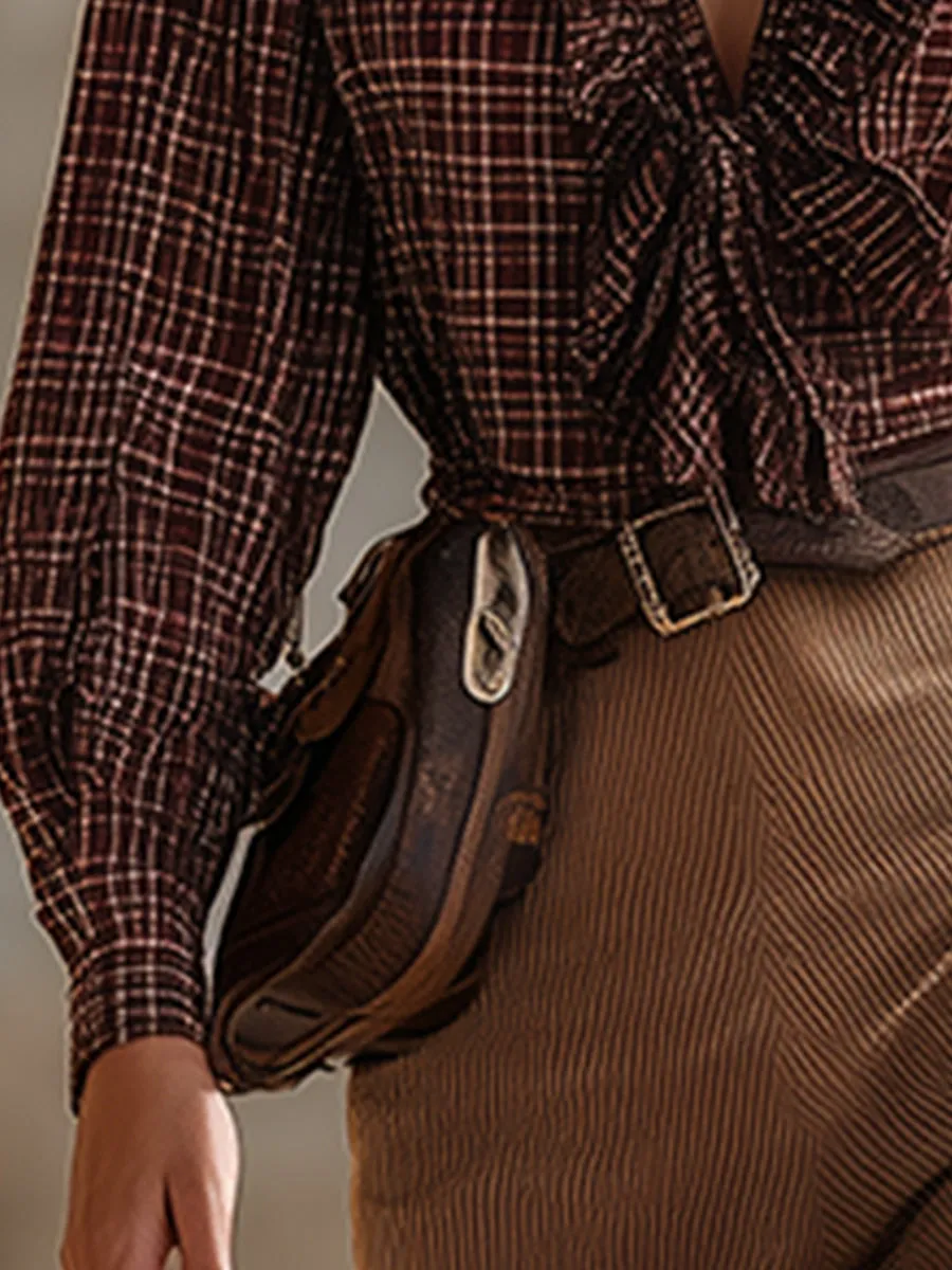 Romantic Retro Western Burgundy Plaid Ruffled V-Neck Long-Sleeved Blouse sold by Oyrosy product image thumbnail 4