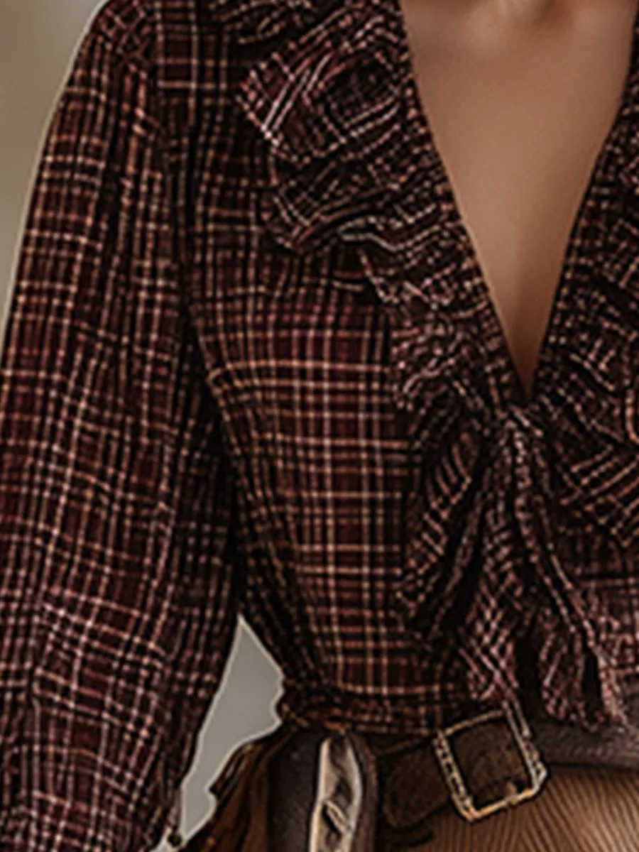 Romantic Retro Western Burgundy Plaid Ruffled V-Neck Long-Sleeved Blouse sold by Oyrosy product image thumbnail 3