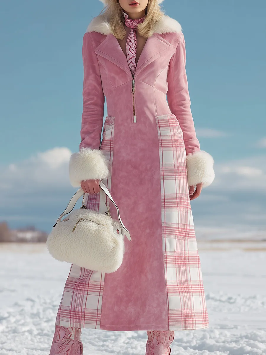 Western Pink Suede And Plaid Raw-edge Zippered Maxi Dress sold by Oyrosy