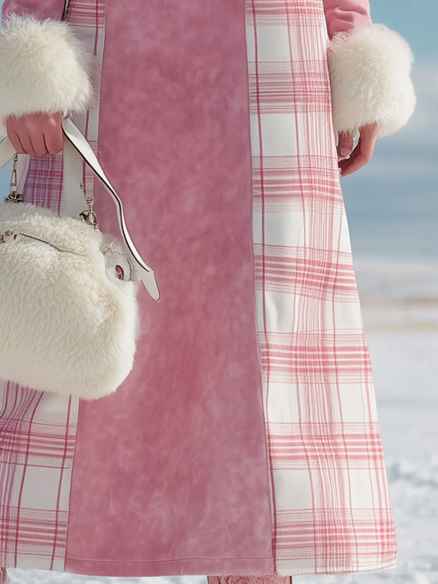 Western Pink Suede And Plaid Raw-edge Zippered Maxi Dress sold by Oyrosy product image thumbnail 3