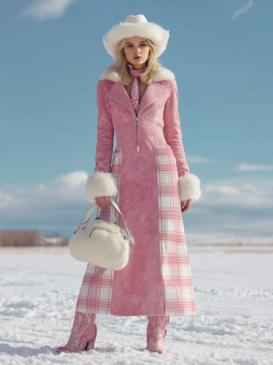 Western Pink Suede And Plaid Raw-edge Zippered Maxi Dress sold by Oyrosy product image thumbnail 2