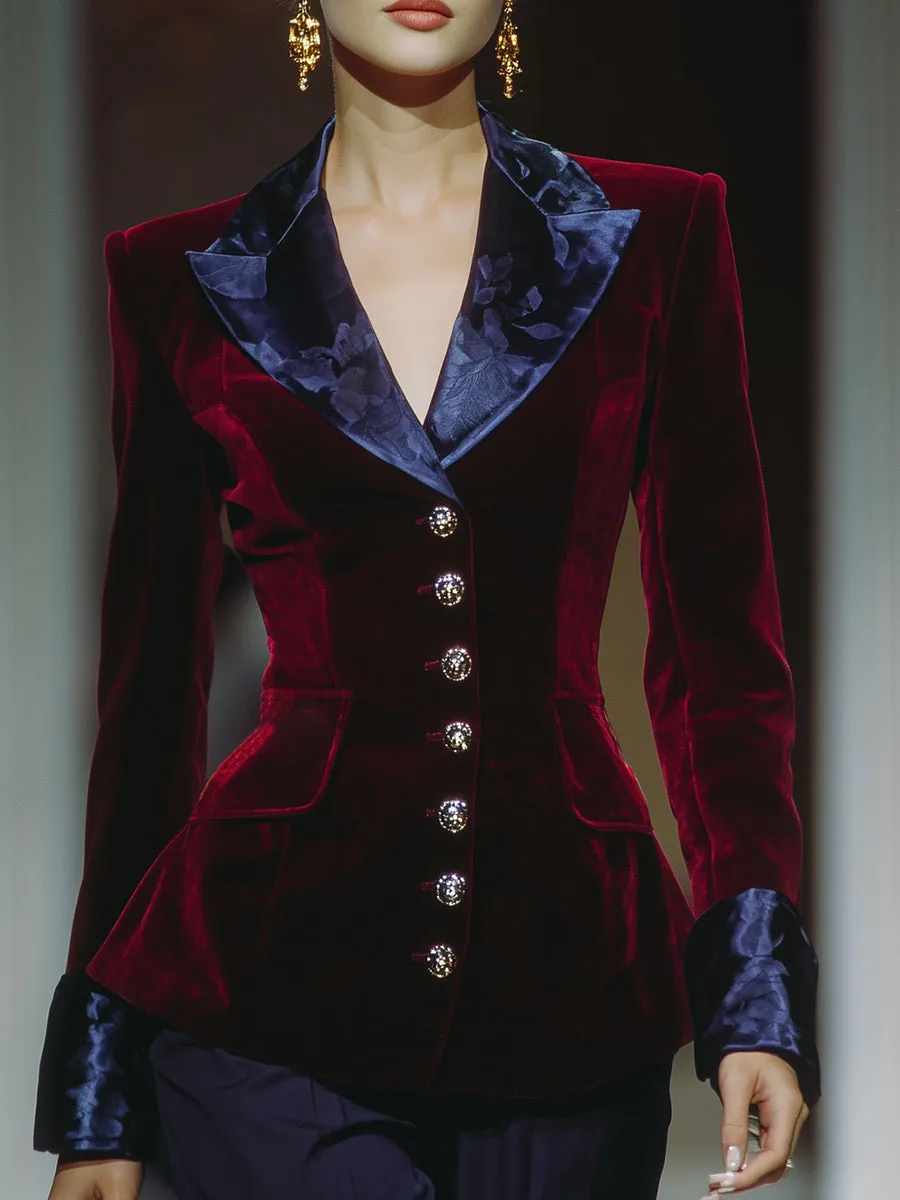 Elegant Red Velvet With Blue Pattern Blazer sold by Oyrosy
