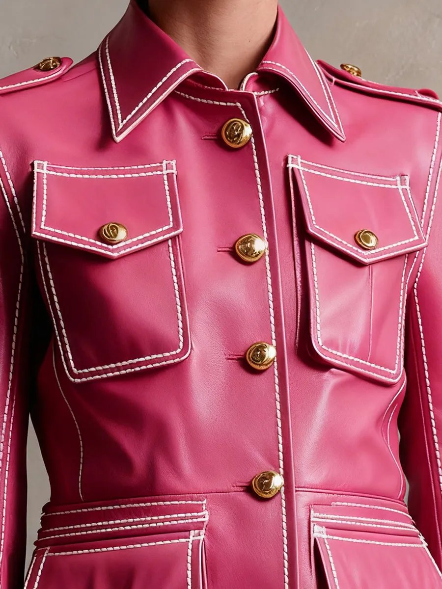Elegant Pink Faux Leather Button-down Pocket Jacket sold by Oyrosy product image thumbnail 3