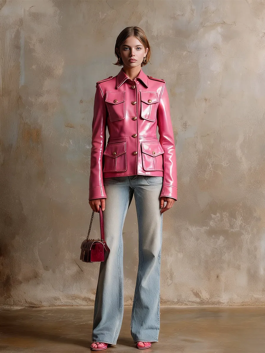 Elegant Pink Faux Leather Button-down Pocket Jacket sold by Oyrosy product image thumbnail 2