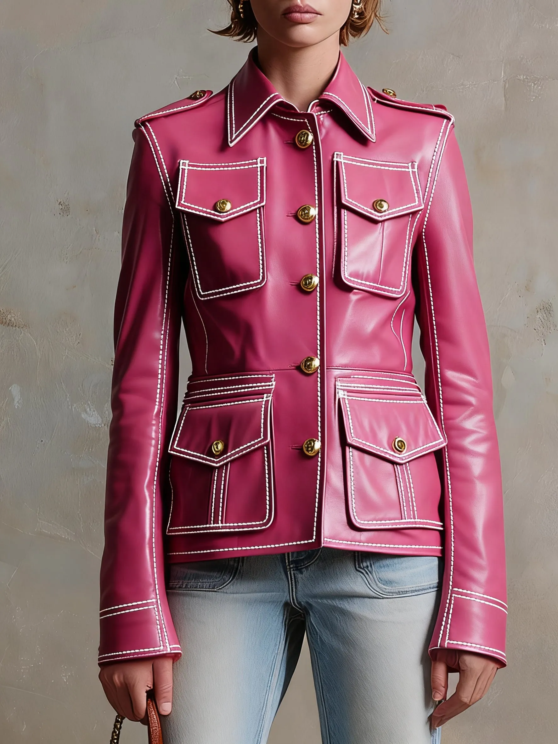 Elegant Pink Faux Leather Button-down Pocket Jacket sold by Oyrosy