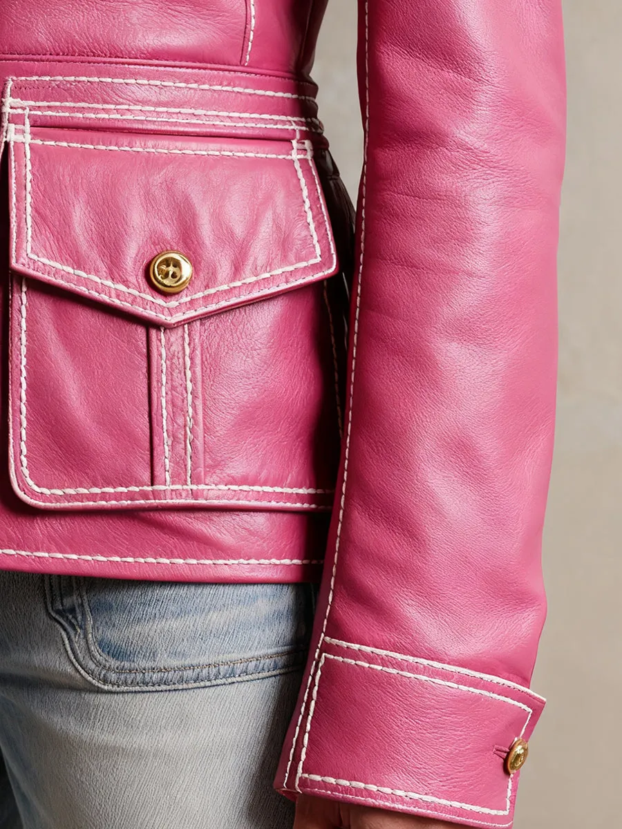 Elegant Pink Faux Leather Button-down Pocket Jacket sold by Oyrosy product image thumbnail 4