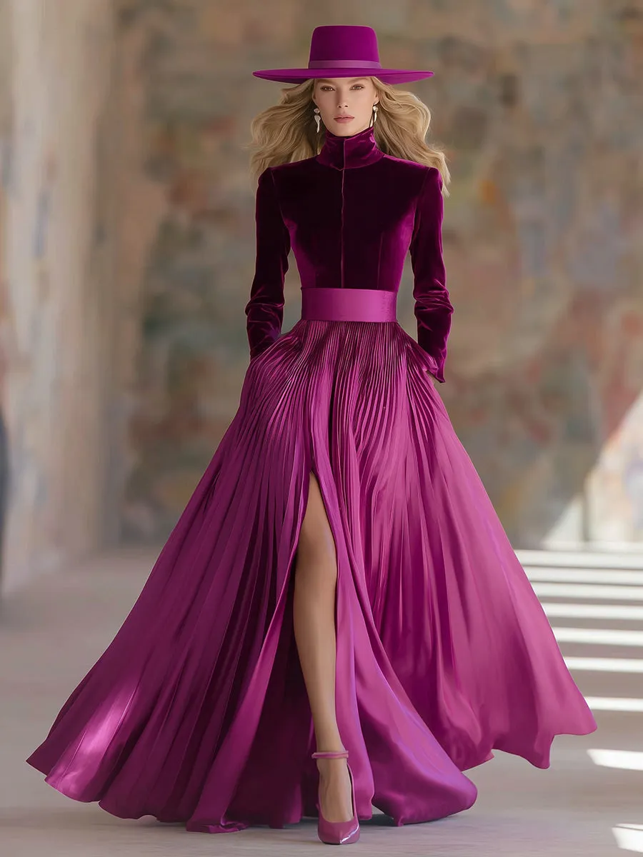 Fashionable And Elegant High-neck Waist-cinching Slit A-line Velvet Maxi Dress sold by Oyrosy product image thumbnail 2