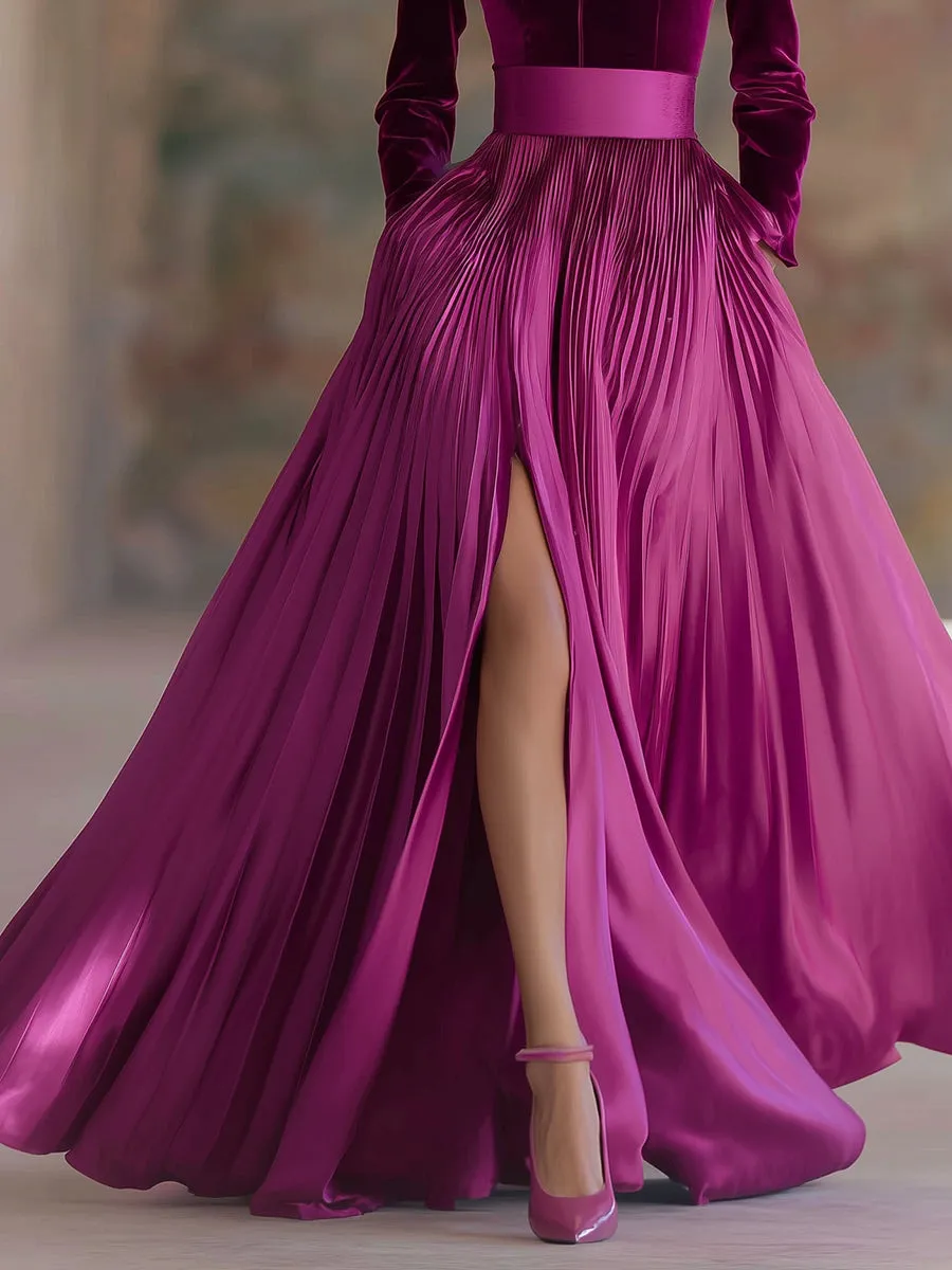 Fashionable And Elegant High-neck Waist-cinching Slit A-line Velvet Maxi Dress sold by Oyrosy product image thumbnail 4