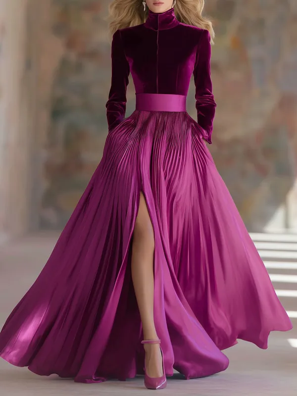 Fashionable And Elegant High-neck Waist-cinching Slit A-line Velvet Maxi Dress sold by Oyrosy