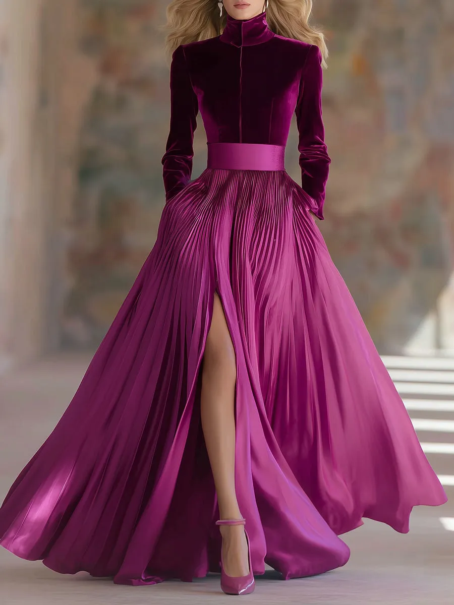 Fashionable And Elegant High-neck Waist-cinching Slit A-line Velvet Maxi Dress sold by Oyrosy