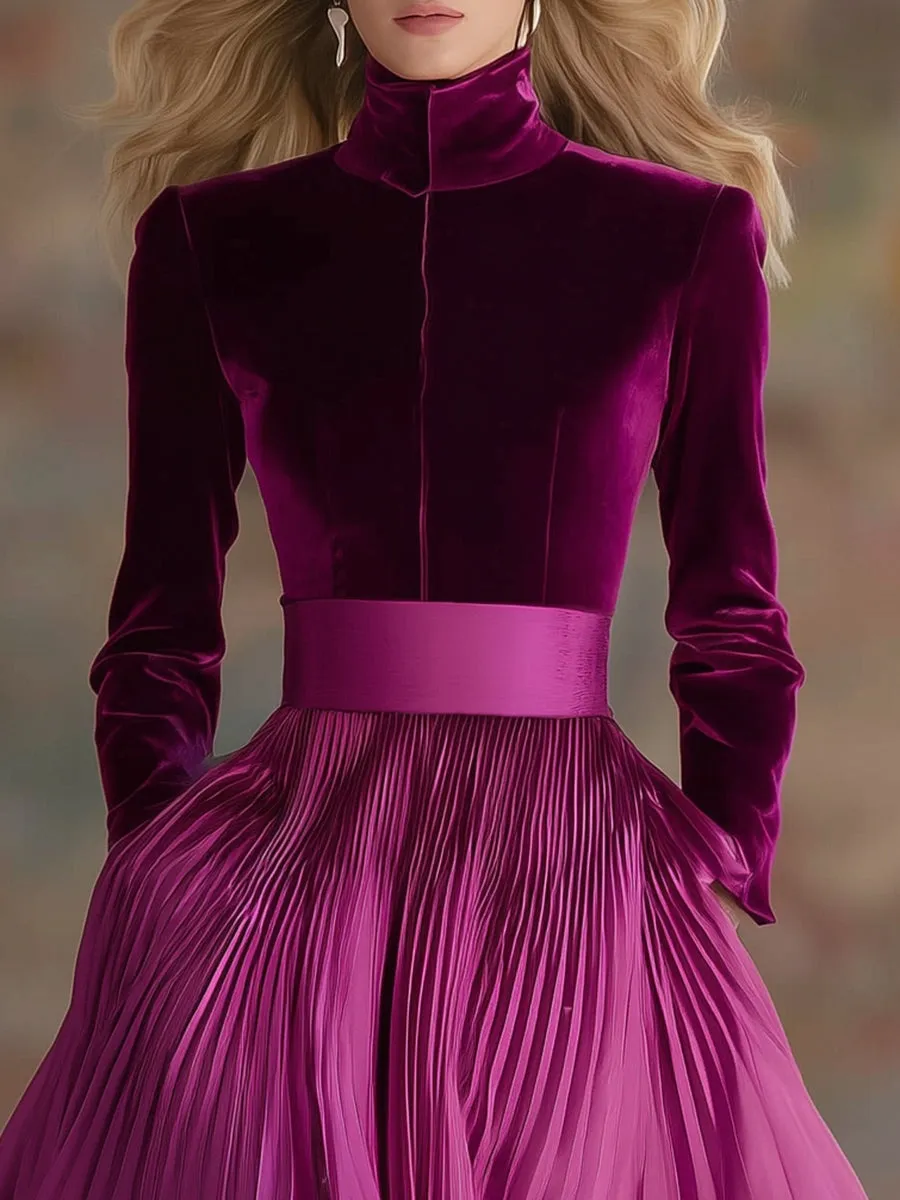 Fashionable And Elegant High-neck Waist-cinching Slit A-line Velvet Maxi Dress sold by Oyrosy product image thumbnail 3