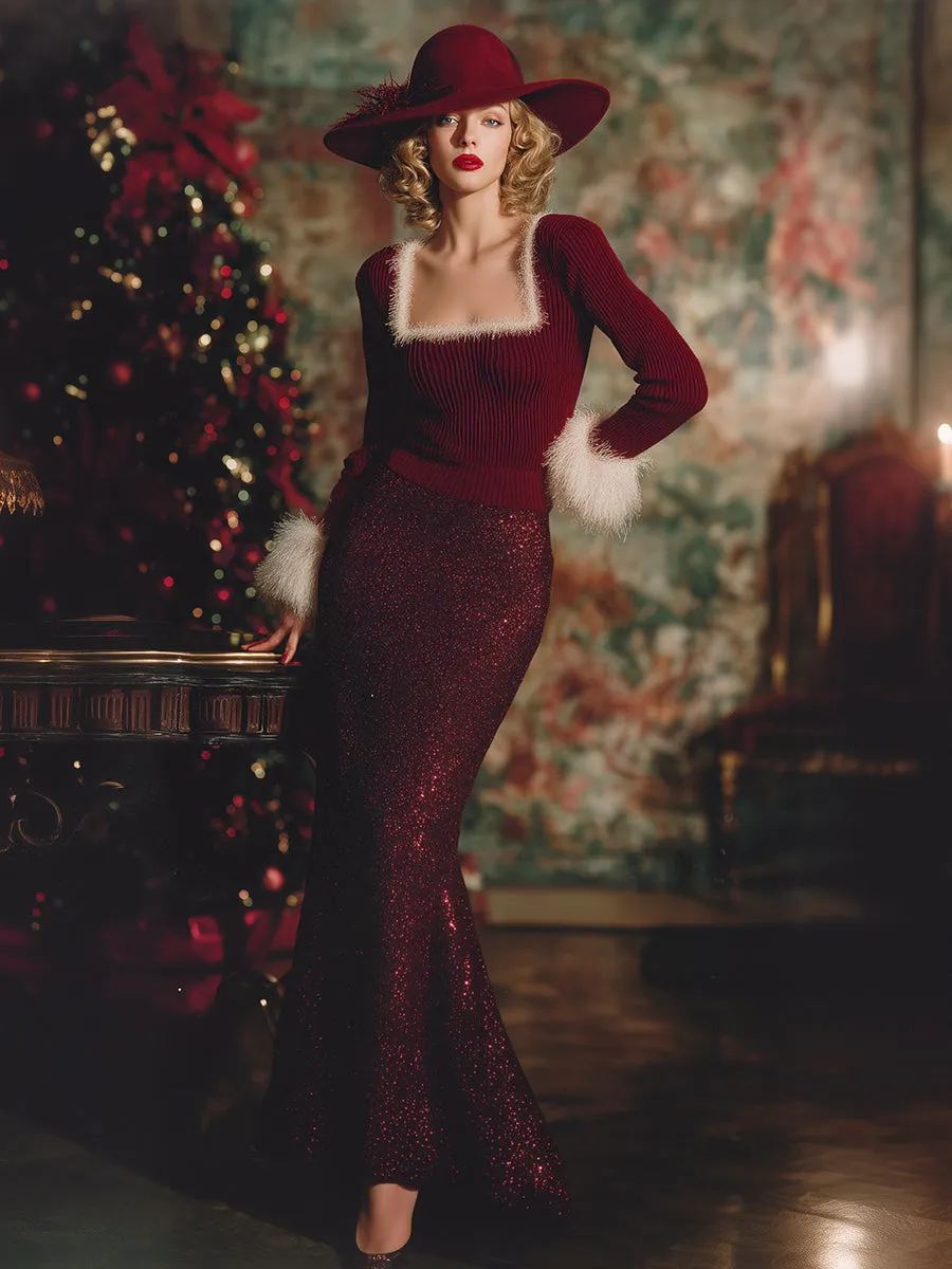 Elegant And Fashionable Faux Fur Collar Square Collar Burgundy Knitted Top Fishtail Sequined Skirt Set sold by Oyrosy product image thumbnail 2