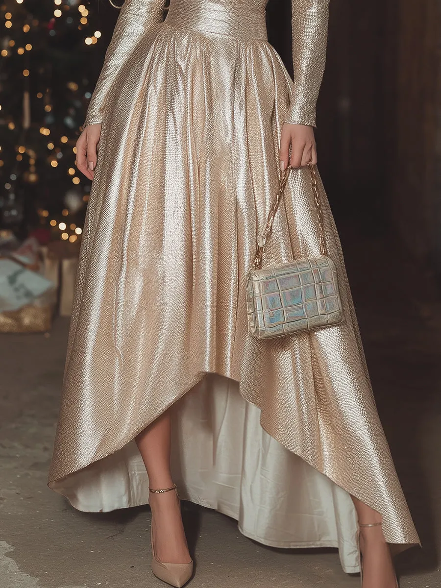 Elegant And Fashionable Short Front And Long Back Hem Champagne Shimmering Maxi Dress sold by Oyrosy product image thumbnail 4