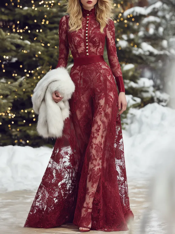 Elegant And Romantic Red Lace Maxi Dress sold by Oyrosy