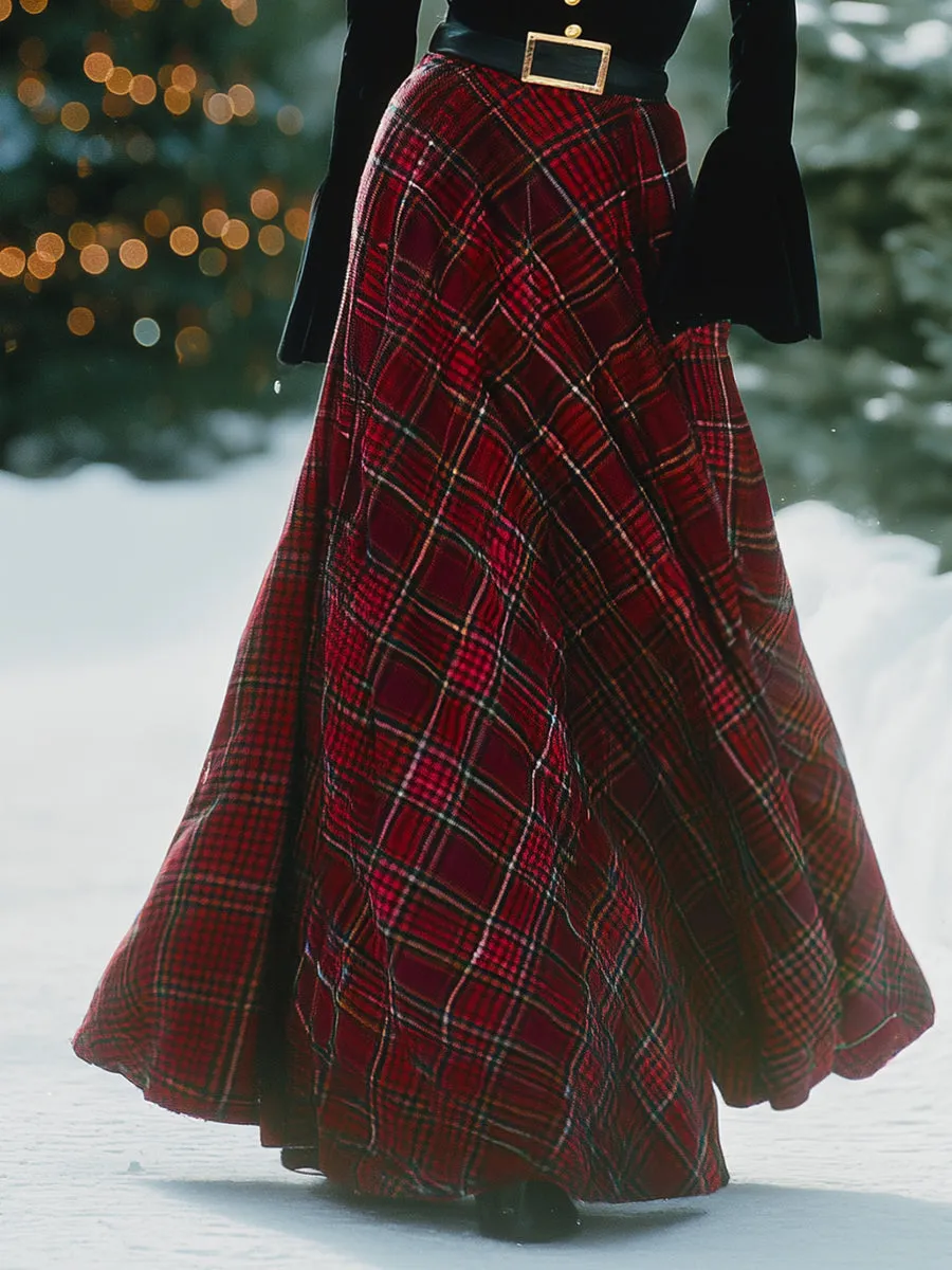 Retro High-neck Colorblock Plaid Print Velvet Maxi Dress sold by Oyrosy product image thumbnail 4