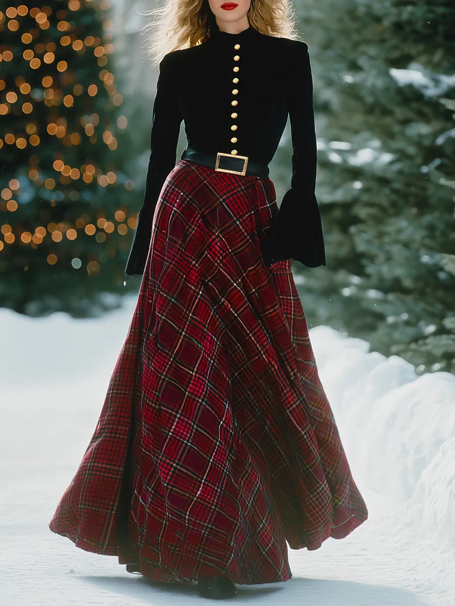 Retro High-neck Colorblock Plaid Print Velvet Maxi Dress sold by Oyrosy