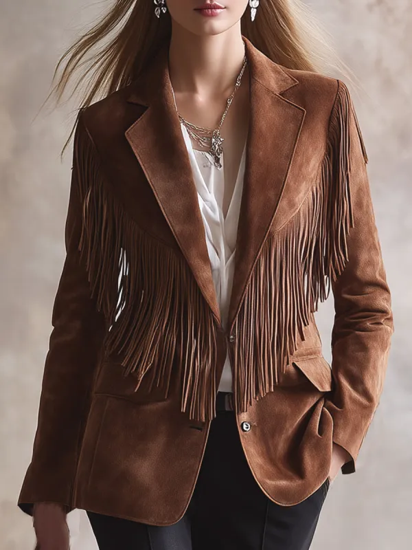 Vintage Western Brown Faux Suede Fringe Blazer sold by Oyrosy