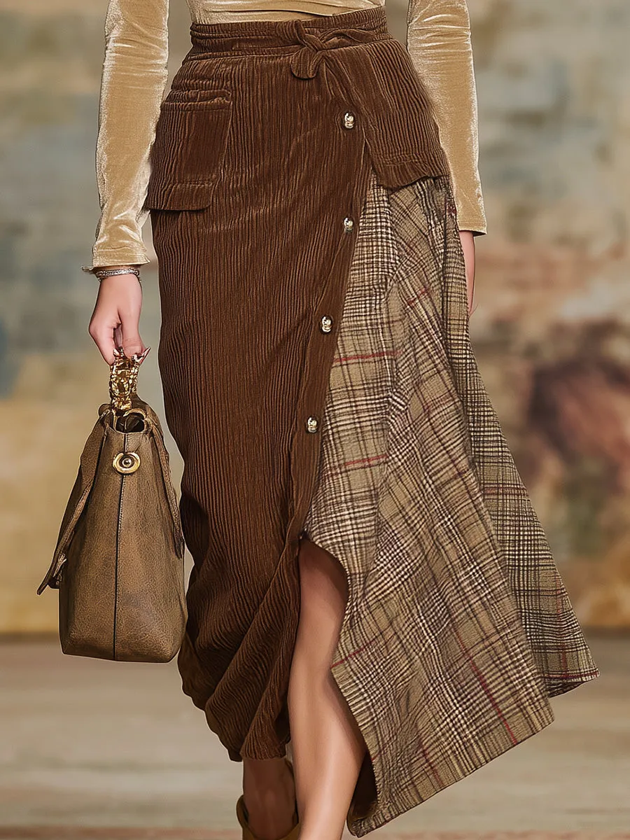 Vintage Brown Corduroy Patchwork Plaid Skirt sold by Oyrosy