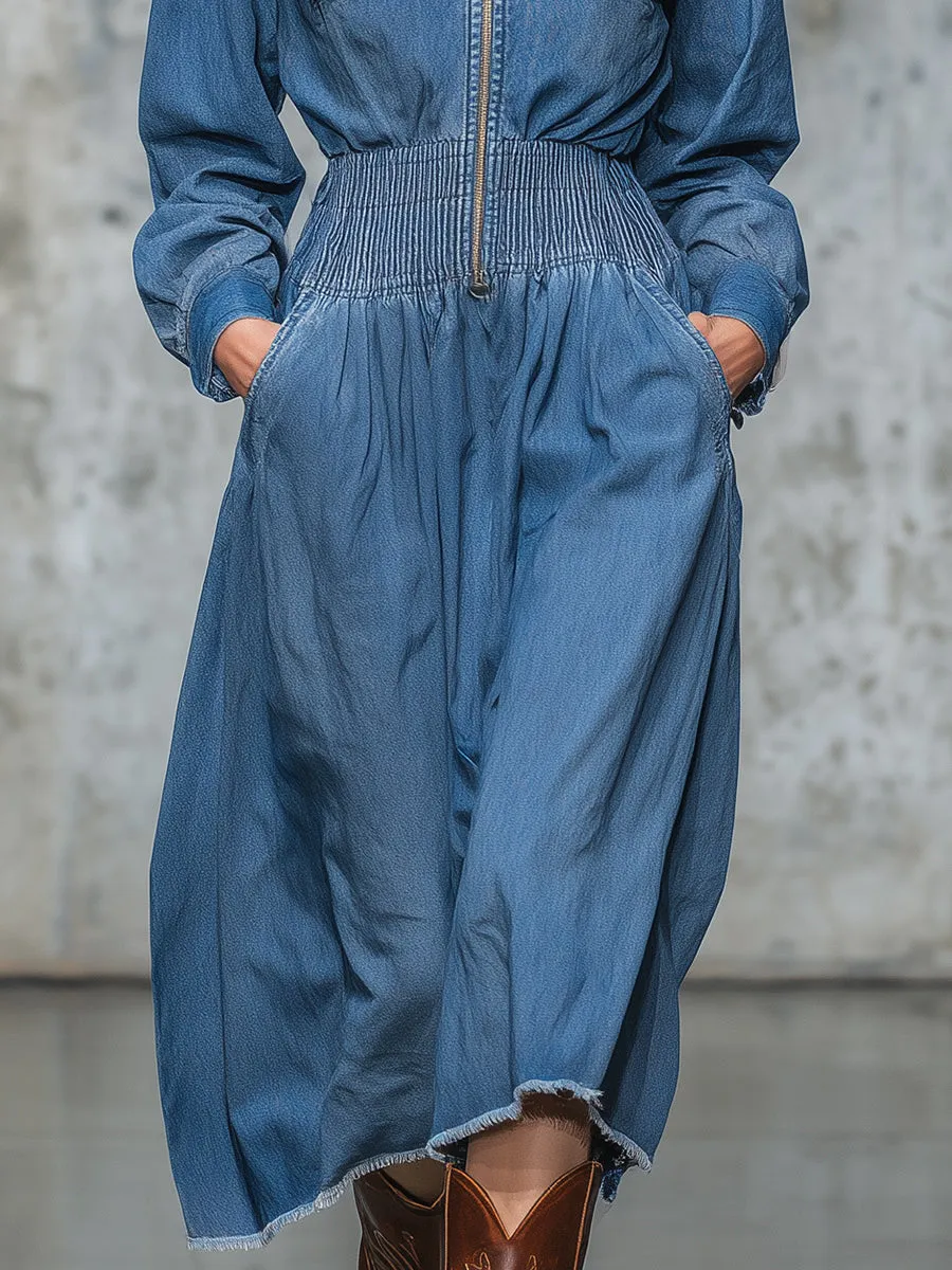 Retro Western Blue Denim Hooded Midi Dress sold by Oyrosy product image thumbnail 4
