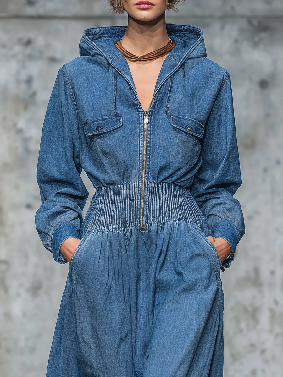 Retro Western Blue Denim Hooded Midi Dress sold by Oyrosy product image thumbnail 3