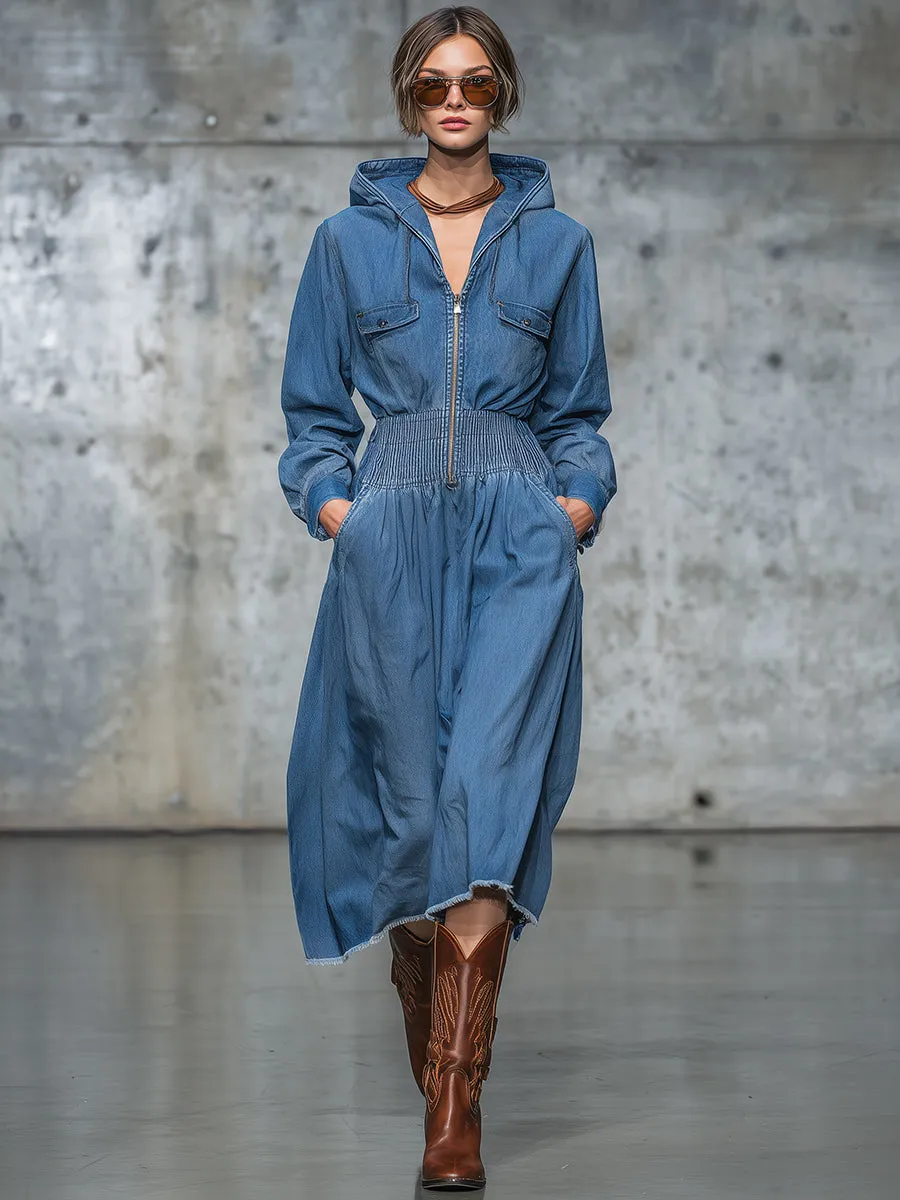 Retro Western Blue Denim Hooded Midi Dress sold by Oyrosy product image thumbnail 2