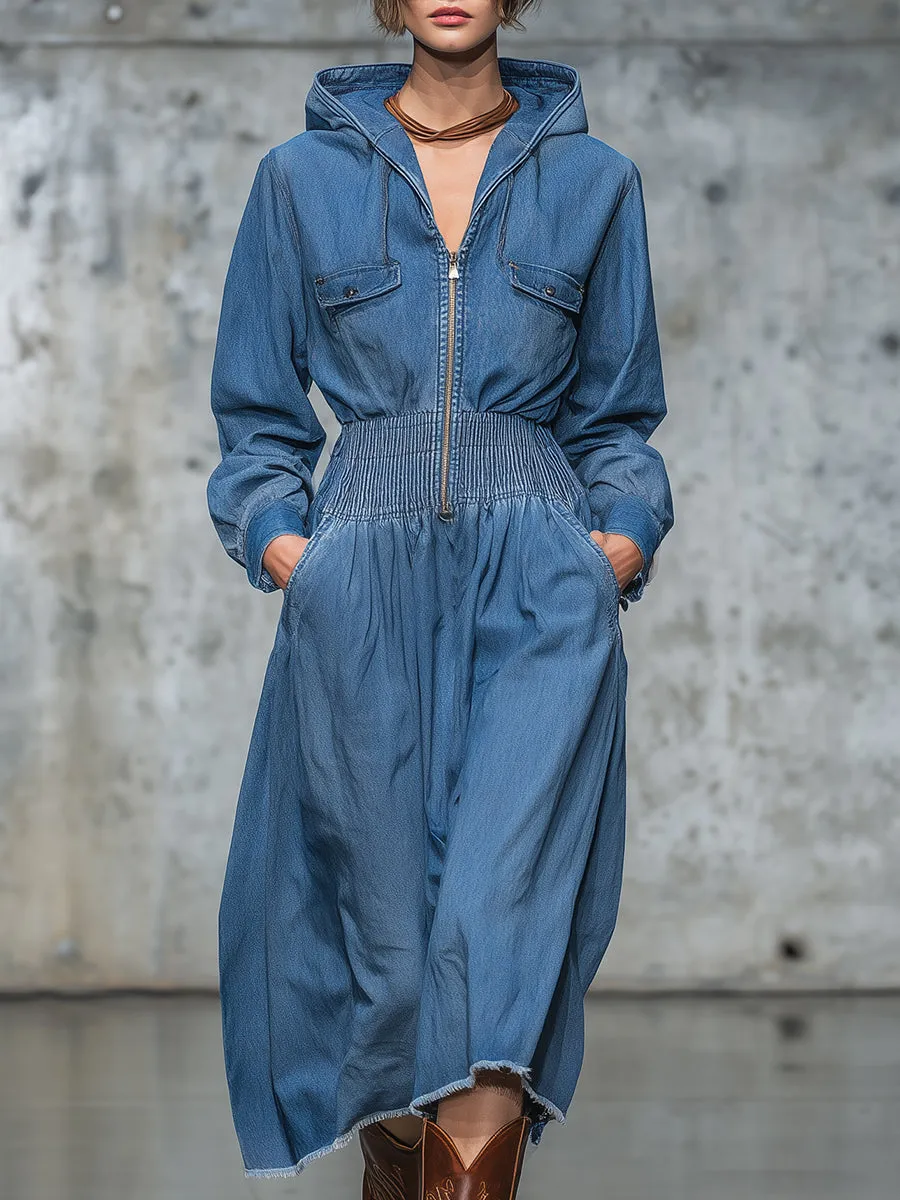 Retro Western Blue Denim Hooded Midi Dress sold by Oyrosy
