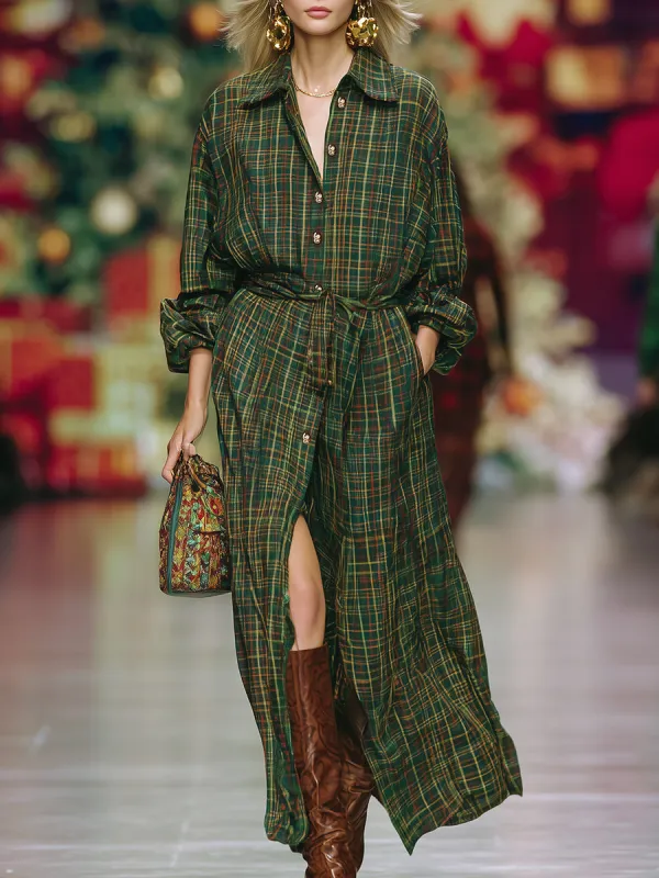 Casual Retro Button Plaid Maxi Dress sold by Oyrosy