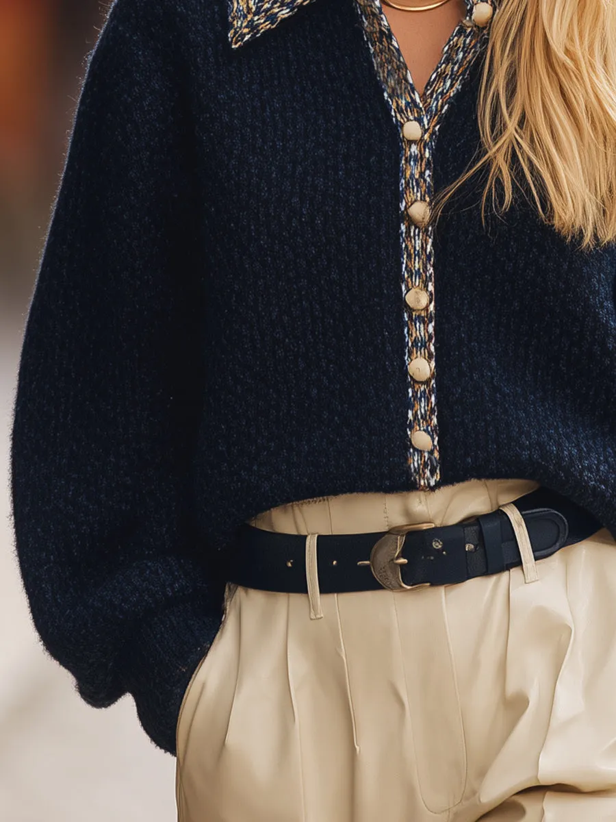 Elegant And Casua Lace Trim Navy Loose Knitted Cardigan sold by Oyrosy product image thumbnail 4