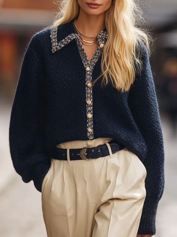 Elegant And Casua Lace Trim Navy Loose Knitted Cardigan sold by Oyrosy