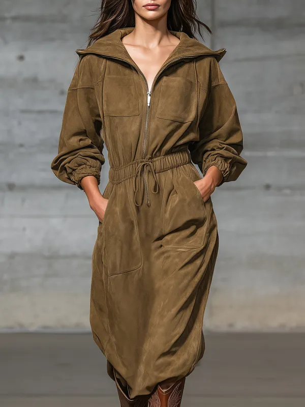 Retro Western Brown Multi-Pocket Faux Suede Hooded Midi Dress sold by Oyrosy