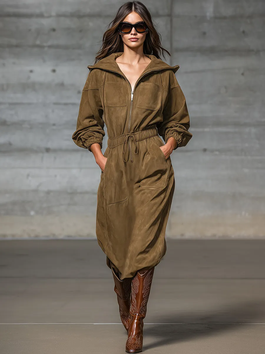 Retro Western Brown Multi-Pocket Faux Suede Hooded Midi Dress sold by Oyrosy product image thumbnail 2