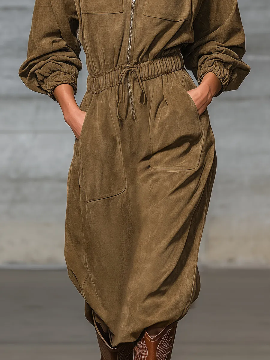 Retro Western Brown Multi-Pocket Faux Suede Hooded Midi Dress sold by Oyrosy product image thumbnail 4