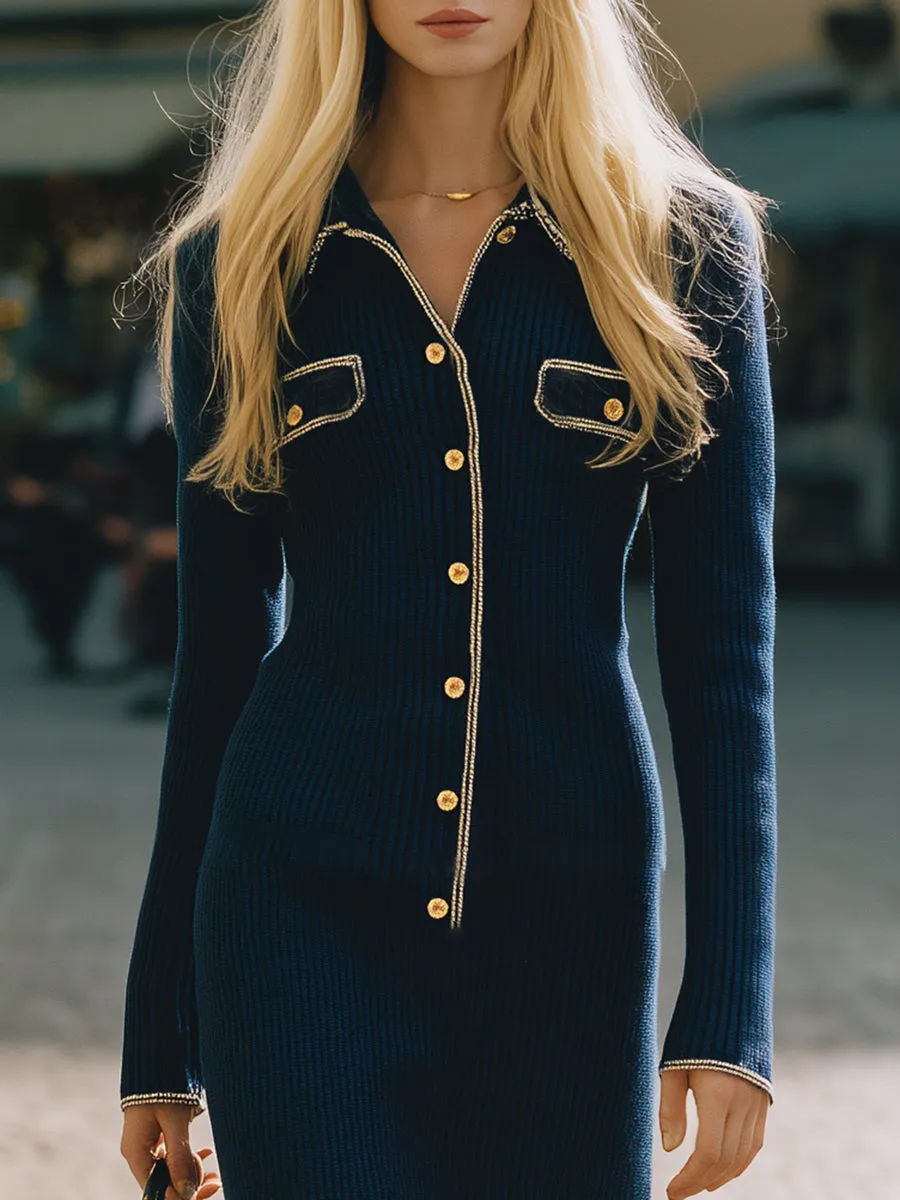Elegant And Fashionable Gold Button Lapel Navy Blue Knitted Midi Dress sold by Oyrosy product image thumbnail 3