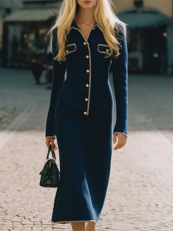 Elegant And Fashionable Gold Button Lapel Navy Blue Knitted Midi Dress sold by Oyrosy