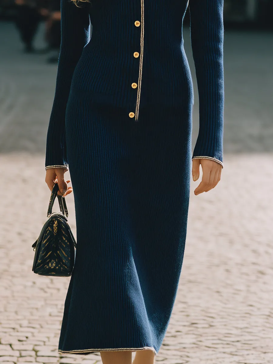 Elegant And Fashionable Gold Button Lapel Navy Blue Knitted Midi Dress sold by Oyrosy product image thumbnail 4