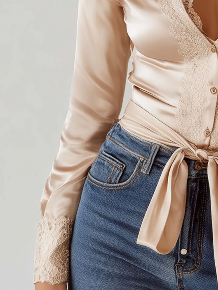 High-end Sexy Champagne Satin Lace Shirt sold by Oyrosy product image thumbnail 4